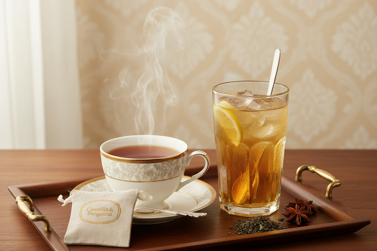 Tasse fumante et verre de thé glacé