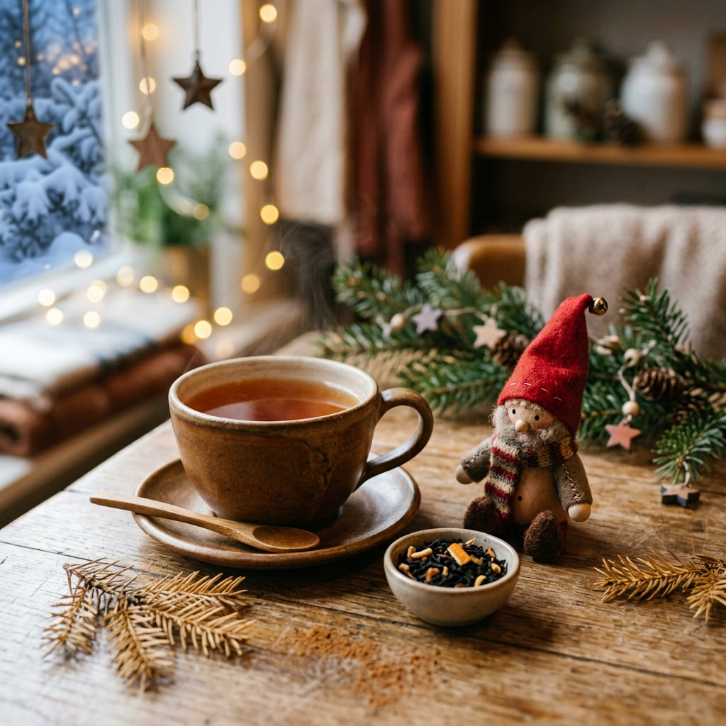 Thé de Noël et petit lutin dans une ambiance féerique